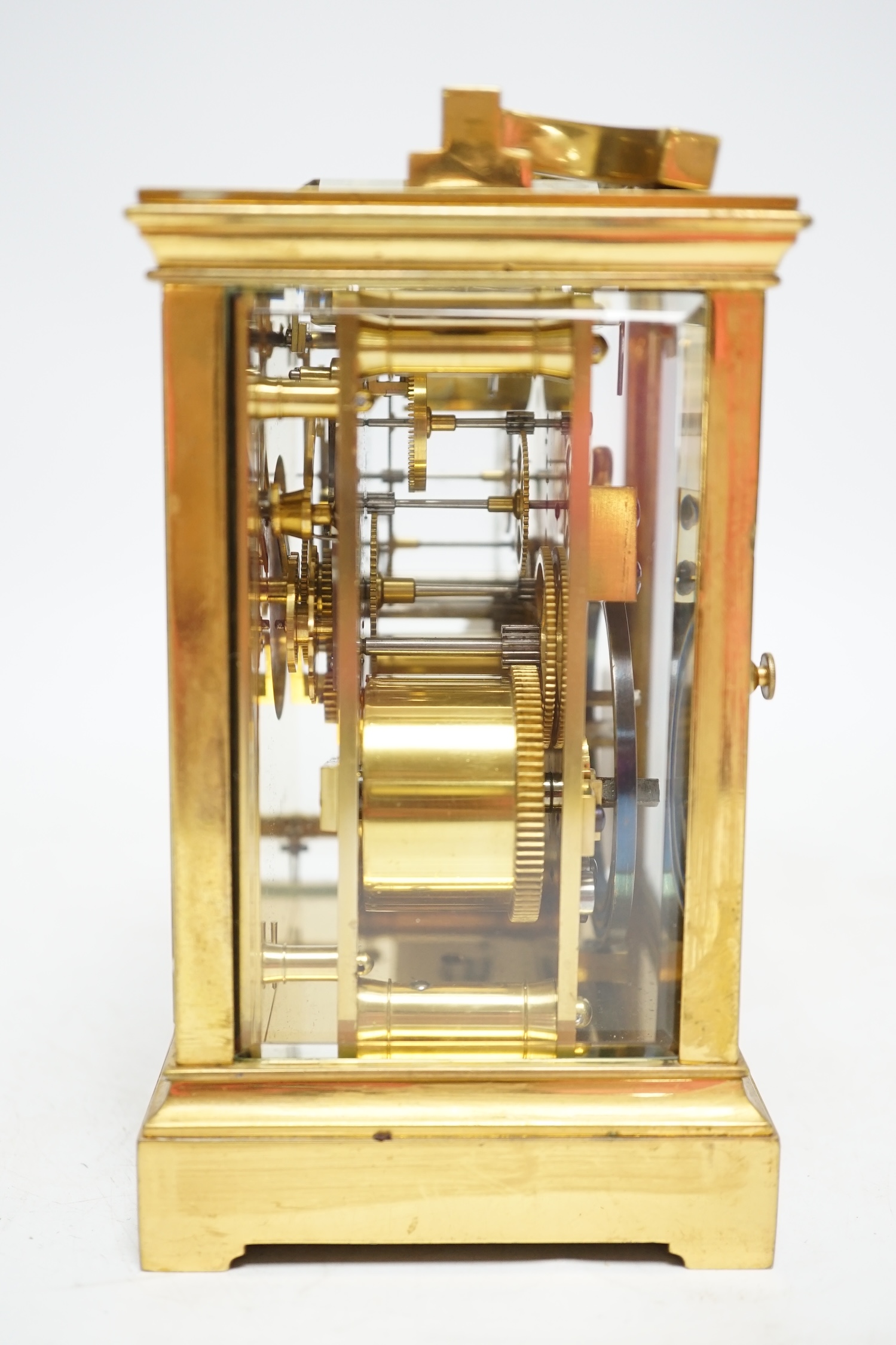 A late 19th century French repeating carriage clock, with Richard movement, in travelling case with key, 15cm high. Condition - good not tested for time keeping